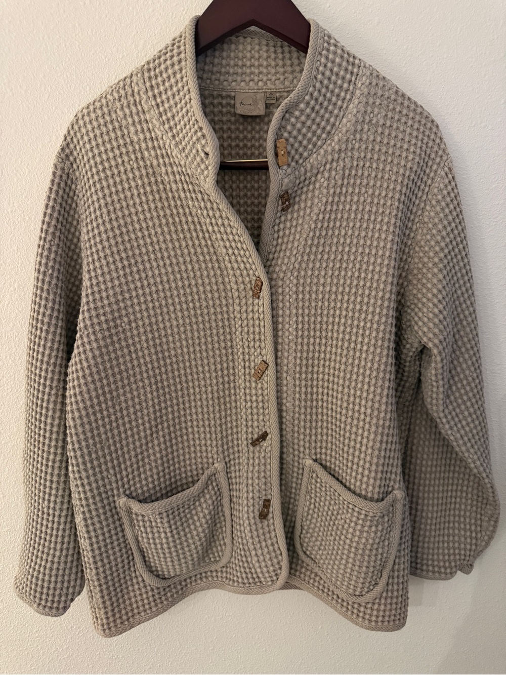 Focus Waffle Knit Cotton Cardigan Medium Toggle Jacket Oatmeal Boho Lagenlook